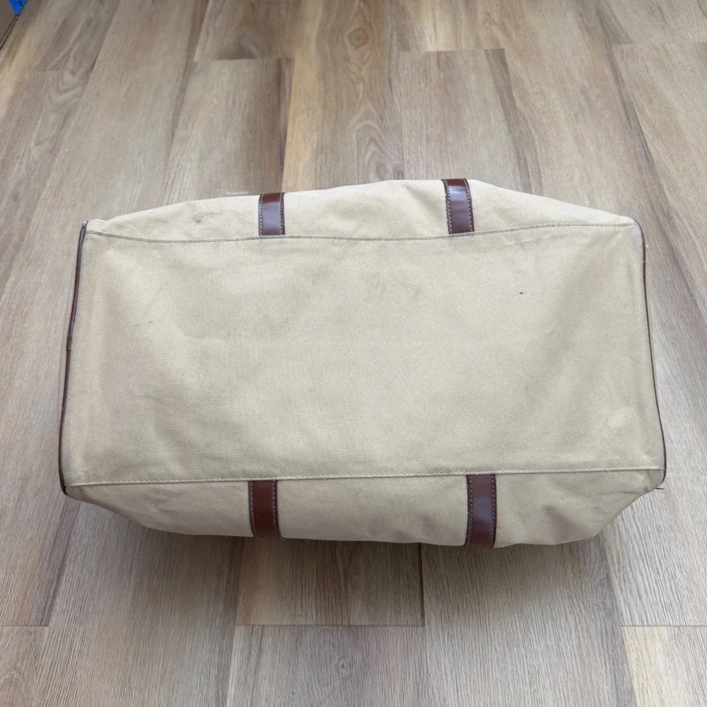 Polo Ralph Lauren Vintage Canvas Duffle Bag Tan Brown Leather Trim Weekender